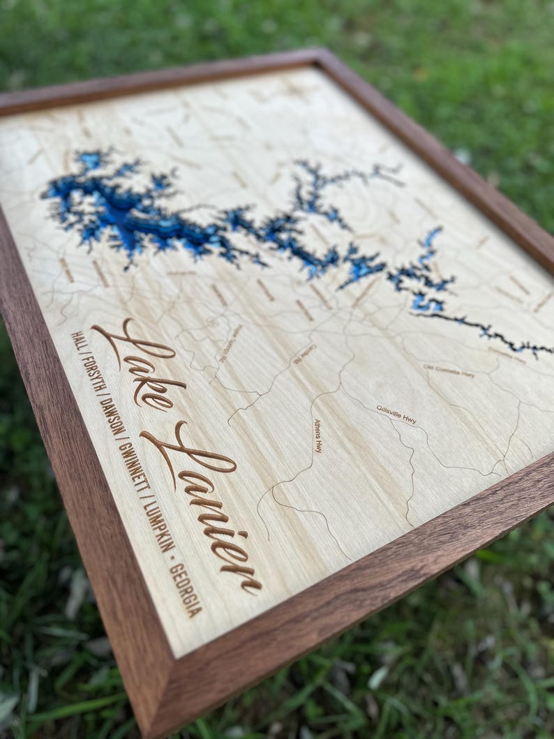 Lake Lanier 3D Framed Picture Map, Lake Sidney Lanier, Wooden Engraved ...