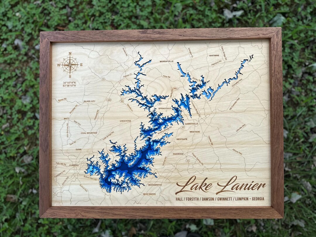 Lake Lanier 3D Framed Picture Map, Lake Sidney Lanier, Wooden Engraved ...