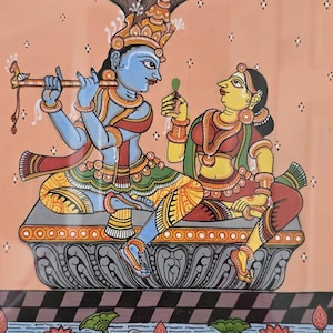 May include: An Indian folk art painting depicting a blue-skinned figure playing a flute, facing a yellow-skinned figure holding a leaf. They sit on a decorative platform under a tree. The scene includes a water feature with swans and lotus flowers.