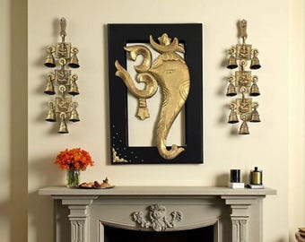 Brass Om Ganesha Frame with side bell Wall Hanging - Set of 3.