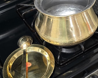 Handcrafted Brass Pongal Pot Set, Tin Coated Indian Cookware, 2 Liter