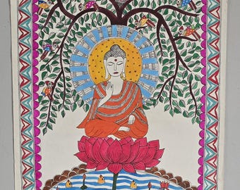 Hand Painted Meditating Gautam Budhdha–  Madhubani or  Mithila Art India..
