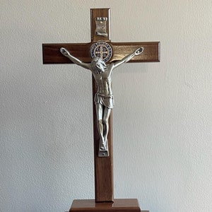 St. Benedict Standing Crucifix with Medals and Rosary Compartment Made from Wood and Pewter Style Corpus 13.5 inches tall