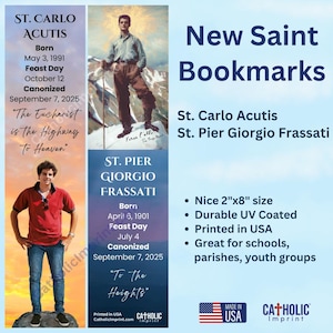 Peut inclure: Nouveaux marque-pages Saints avec St. Carlo Acutis et St. Pier Giorgio Frassati. Les marque-pages mesurent 5,08 cm x 20,32 cm, sont enduits aux UV et imprimés aux États-Unis. Idéal pour les écoles, les paroisses et les groupes de jeunes. L'image contient du texte sur les saints.