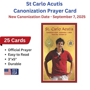Saint Carlo d'Acutis 25 cartes de prière avec nouvelle date de canonisation, prière officielle | 3"x5" | Confirmation, Église, Cadeau pour catholique, Fabriqué aux États-Unis