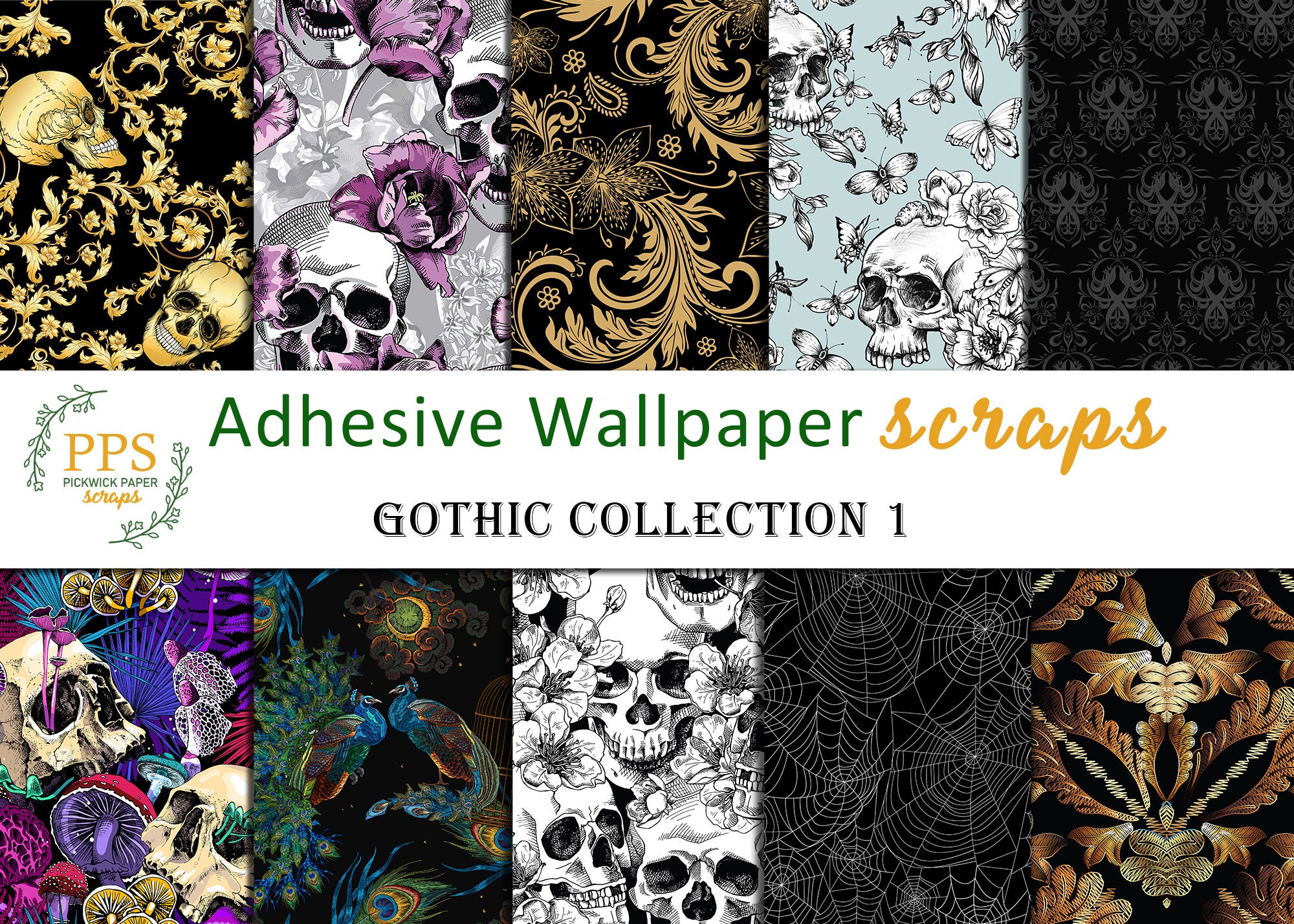 Seamless Black and White Gothic Digital Paper, Skull Damask Halloween Scrapbook  Paper, Printable Distressed Grunge Texture, Goth Backgrounds 