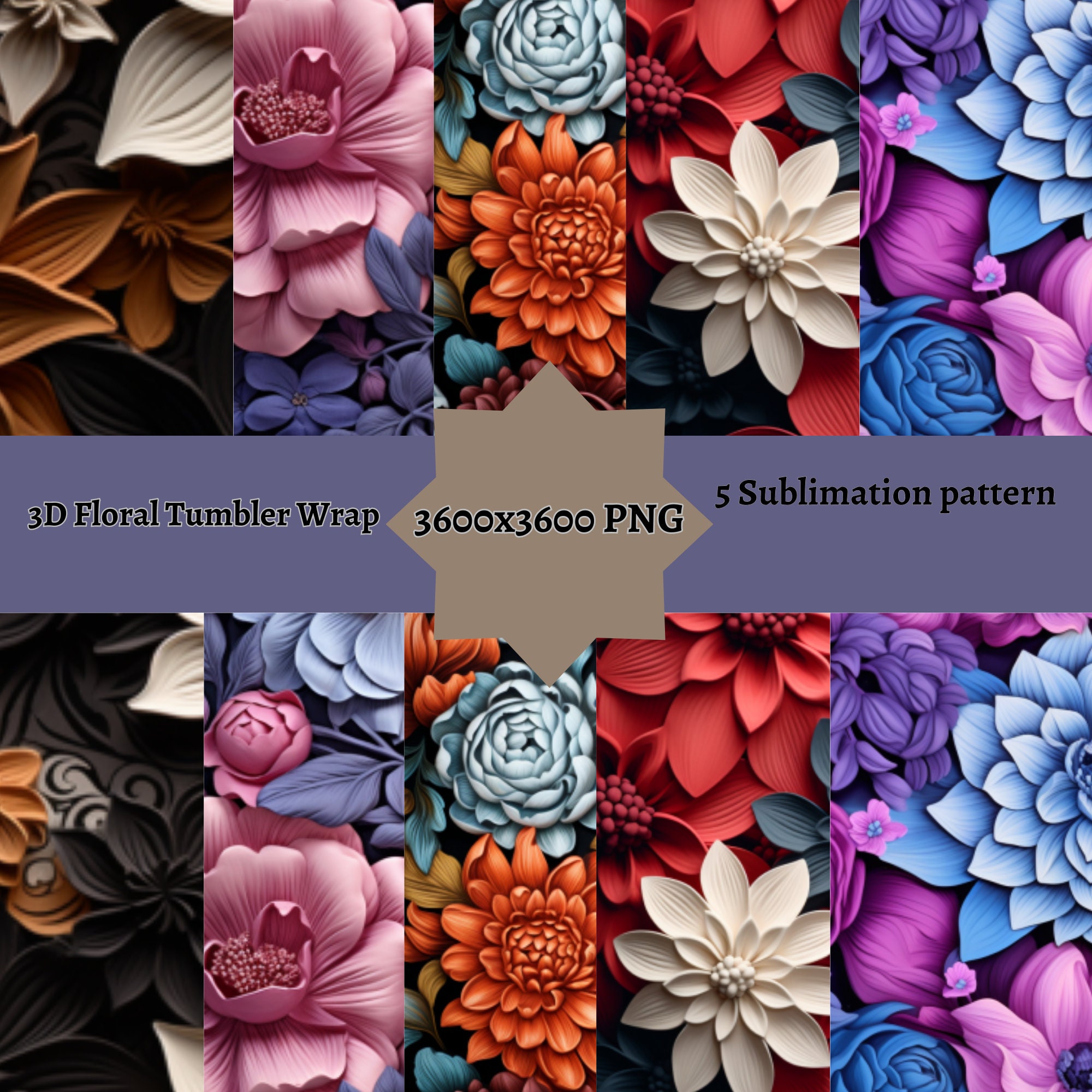 3D Floral Tumbler Wrap Bundle PNG Seamless Tumbler Skinny 20oz Wrap PNG ...