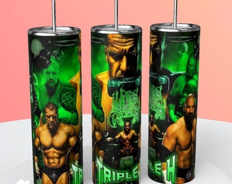 Triple H HHH themed stainless steel 20 oz tumbler with clear slider lid and straw