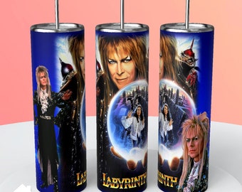 Labyrinth David Bowie themed stainless steel 20 oz tumbler with clear slider lid and straw