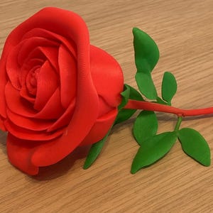 May include: A detailed red rose with green leaves and stem. The rose is fully open, displaying intricate petal detail. The stem and leaves are green, providing a contrast against the wooden surface.