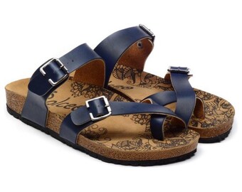 GOBY, Blue Sandals for Women, Handmade Vegan Sandals, Comfortable Summer Slip On Sandals