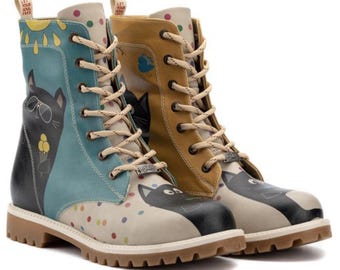 Scarpe fatte a mano, stivali da donna con gatti colorati, stivali con stampa animalier, calzature lunghe, regalo per lei
