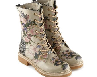 GOBY, Floral Elegance, Women's Lace-up Boots, Handmade shoes, Vegan leather boots, printed shoes