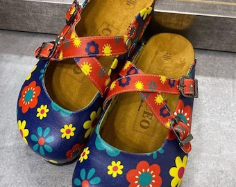 GOBY, florale Clogs für Damen, farbenfrohe handgefertigte Schuhe, vegane Slip-On-Sandalen, Boho-Sommerschuhe, Geschenkidee für Sie