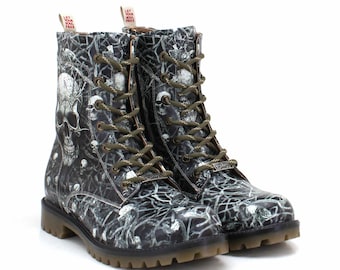 Botines de mujer con diseño de calavera y telaraña, piel vegana, hechos a mano, botas estampadas