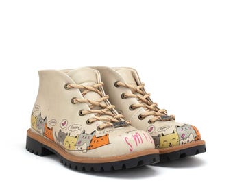 Botas con estampado de gato para mujer, botas de piel vegana, zapatos con diseño de gato de dibujos animados, botas hechas a mano, regalo único para amantes de los gatos, zapatos de otoño e invierno.