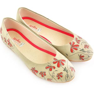 May include: A pair of light olive green ballet flats featuring a red and black floral line art pattern. The interior lining is beige with a bright red trim along the collar. The insole displays the Goby brand logo and text in red and black.