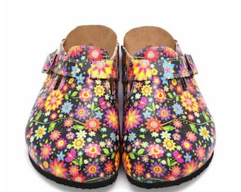 Blumenclogs für Damen, bunte Blumenschuhe, vegane Slip-On-Clogs, handgefertigte Boho-Schuhe, bequeme Sommerclogs, Geschenkidee für Sie