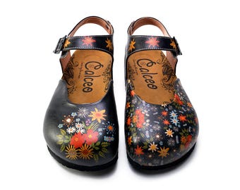 Blumenmuster-Clogs für Damen, schwarze Boho-Schuhe, vegane Slip-On-Clogs, handgefertigte bequeme Schuhe, Alltagsschuhe, Geschenkidee für Sie