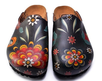 GOBY, florale Clogs für Damen, handbemalte Schuhe, Boho-Clogs, handgefertigte vegane Leder-Slipper, ästhetische Schuhe, Geschenkidee für Sie