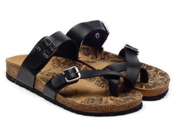 GOBY, Handmade Vegan Sandals for Women, Black Slip On Sandals, Comfortable Summer Sandals, Casual Buckle Sandals