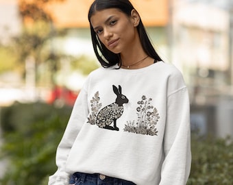 Folklore Sweater Vintage Floral Bunny Sweater Cottagecore Aesthetic Shirt Linoprint T-Shirt Folk Art Animal Shirt Folkart Sweatshirt