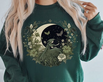 Green Witch Sweatshirt Celestial Moon Pullover Vintage Witchy Sweater Moon Long Sleeve Shirt Fairycore Tee Whimsigoth Astrology Sweatshirt