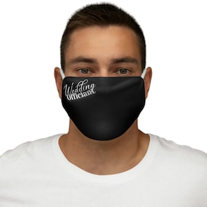May include: A black face mask with the text "Wedding Officiant" in white cursive lettering.