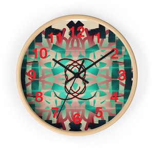 Geometric Modern Wall Clock, Abstract Boho Home Decor, Green Red Art Clock, Silent Timepiece, Unique Office Decor, Bold Mandala