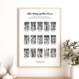 Może przedstawiać: Czarno-biała ilustracja stacji Drogi Krzyżowej. Obraz jest oprawiony i zawiera tekst "The Way of the Cross" oraz "We adore You, O Christ, and we praise You, because by Your Holy Cross You have redeemed the world."