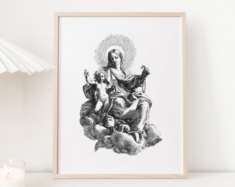 Stampa artistica cattolica d'epoca della Madonna del Rosario (download digitale)