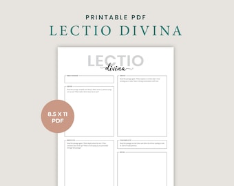 May include: Printable Lectio Divina worksheet in black and white with the title "Lectio Divina" in cursive. The worksheet is divided into four sections: Bible Passage, Lectio, Meditatio, and Contemplatio. Each section has a space for writing. The worksheet is 8.5 x 11 inches.