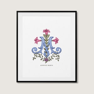 Arte colorida de Auspice Maria Sob a proteção de Maria Monograma latino Lírios Santíssima Mãe Maria Arte de parede católica Presente Download digital