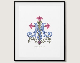 Stampa artistica Auspice Maria: monogramma cattolico, gigli (download digitale)