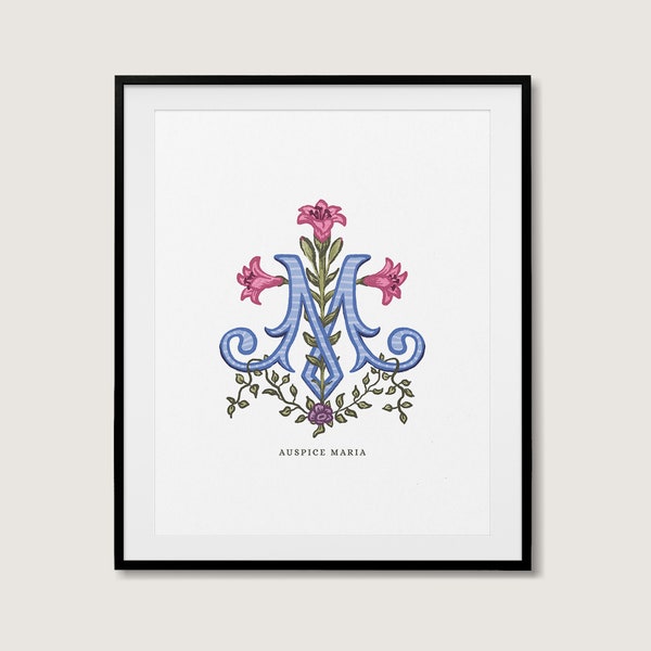 Colorful Auspice Maria Art Under the protection of Mary Latin Monogram Lilies Blessed Mother Mary Catholic Wall Art Gift Digital Download