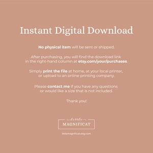 Op de afbeelding: Instant digitale download tekstafbeelding met instructies over hoe je het bestand kunt downloaden en afdrukken. De tekst bevat het websiteadres etsy.com/your/purchases.