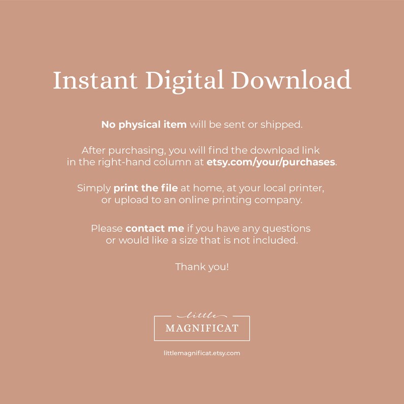 Op de afbeelding: Instant digitale download tekstafbeelding met instructies over hoe je het bestand kunt downloaden en afdrukken. De tekst bevat het websiteadres etsy.com/your/purchases.