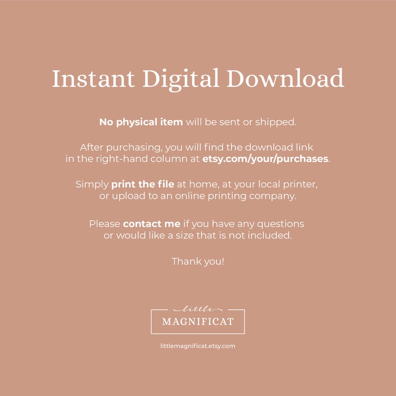 Op de afbeelding: Instant digitale download tekstafbeelding met instructies over hoe je het bestand kunt downloaden en afdrukken. De tekst bevat het websiteadres etsy.com/your/purchases.
