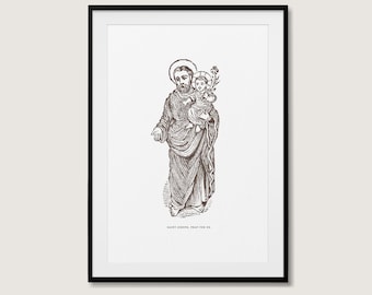 Sint-Jozef en kindje Jezus houtsnede kunstafdruk (digitale download)
