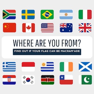 Puede incluir: Una imagen con banderas nacionales rectangulares dispuestas alrededor de un cuadro de texto central. El texto dice: "¿DE DÓNDE ERES?" y "DESCUBRE SI TU BANDERA PUEDE SER MACRAMÉ". Las banderas representan varios países.