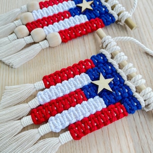 Handmade Puerto Rico Flag Macrame Wall Hanging Small Boho Tapestry Puerto Rican Decor Caribbean Heritage Gift Boricua Pride Art - Royal Blue
