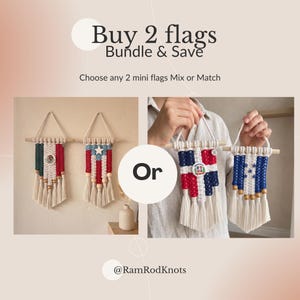 Paquete de mini banderas hechas a mano. Elige 2 banderas. Decoración de pared patriótica personalizada. Bandera colgante de macramé. Regalo significativo para parejas y familias.