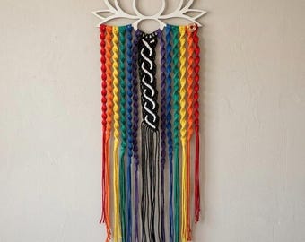 Handmade Pride Lotus Wall Hanging Macrame Rainbow Wall Art LGBTQ Decor Boho Fiber Art Gift Spiritual Home Decor Unique Chakras Wall Hanging