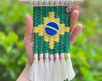 Brazilië vlag mini macramé auto spiegel bedel kleine muur opknoping decor Hispanic trots handgemaakte Boho katoen kunst cadeau klaslokaal decor