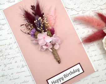 Handmade Dried Flower Birthday Card: Personalized Bouquet, Lavender Bow