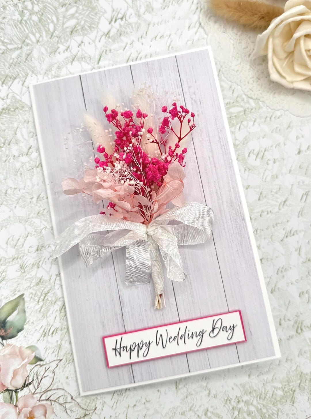 Handmade Wedding Card: Dried Pink Flowers Bouquet, Rustic Floral Design ...