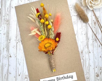 Handmade Dried Flower Birthday Card, Rustic Botanical Greeting, Preserved Floral Keepsake