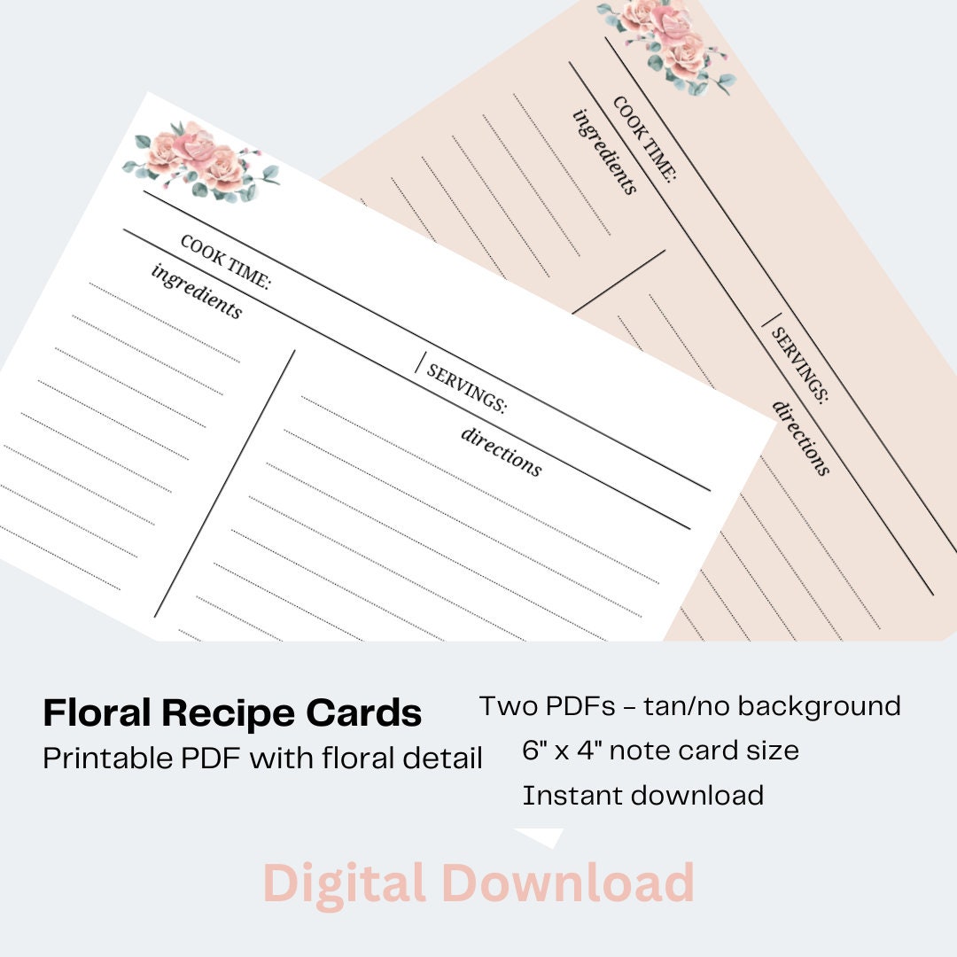 Recipe Note Cards With Floral Detail Etsy