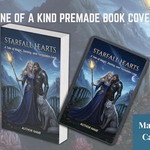 May include: A premade book cover for "Starfall Hearts" featuring a fantasy couple and a wolf. The cover art depicts a man and woman in regal attire, with a staff and a wolf. The text reads "Starfall Hearts" and "A Tale of Magic, Destiny, and Forbidden Love."