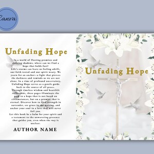 Może przedstawiać: Projekt okładki książki z tytułem "Unfading Hope" w złotych literach. Projekt przedstawia krzyż z postacią, gołębiami i białymi liliami. Tło jest jasne z tekstem.